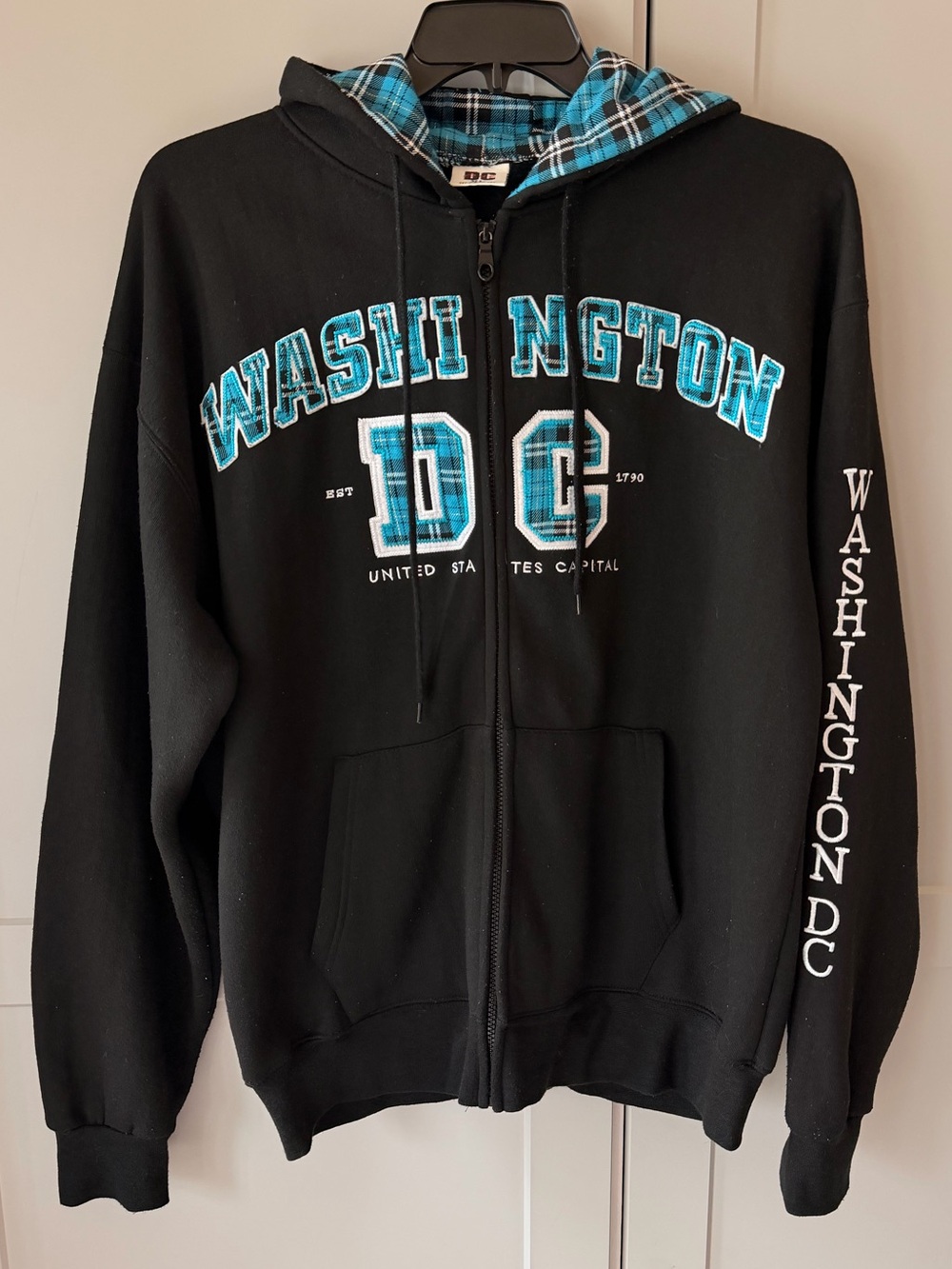 Y2K Washington DC Black Teal Plaid Embroidered Full Zip Hoodie XL
